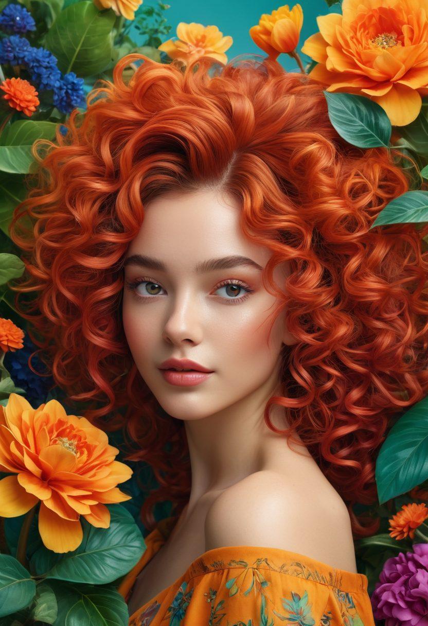 A whimsical scene featuring diverse individuals with unique and vibrant hairstyles showcasing total hair coverage in playful ways. Each character is styled with bold colors, intricate patterns, and varying textures of hair, surrounded by nature to symbolize growth and beauty. The background includes flowers and foliage intertwining with hair strands, creating a festive atmosphere. Emphasize joy and celebration with bright, lively hues. super-realistic. vibrant colors. 3D.