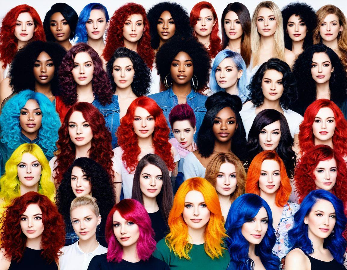A vibrant collage showcasing a variety of unique and stylish hairstyles, from long flowing locks to quirky fuzzy cuts, set against a lively salon backdrop filled with colorful hair products. Include a diverse group of individuals with expressive personalities enjoying the transformation process, capturing the charm of hair creativity. super-realistic. vibrant colors. white background.