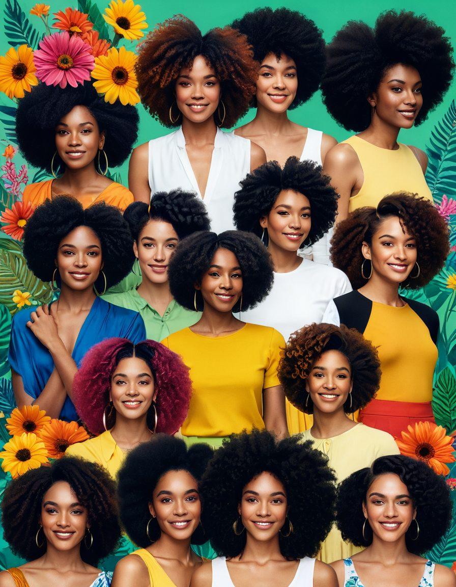 A dynamic collage celebrating diverse full body hair styles featuring individuals of various ethnicities showcasing their hair in vibrant colors and textures. Include a backdrop of nature with lush greenery and colorful flowers, symbolizing freedom and beauty. Show different hair lengths, colors, and styles - from curly afros to sleek straight hair. The scene should radiate positivity and self-expression. bright and lively colors. natural background. super-realistic.